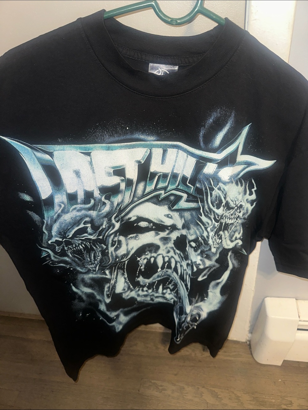 Black Skull Graphic Short Sleeve Tee with Blue-White Print